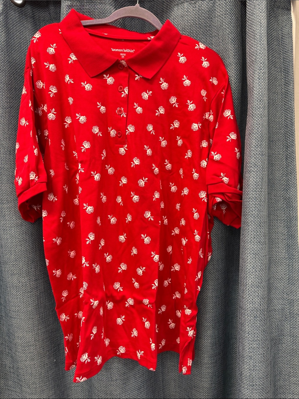 Woman Within Red Polo with White Floral Print